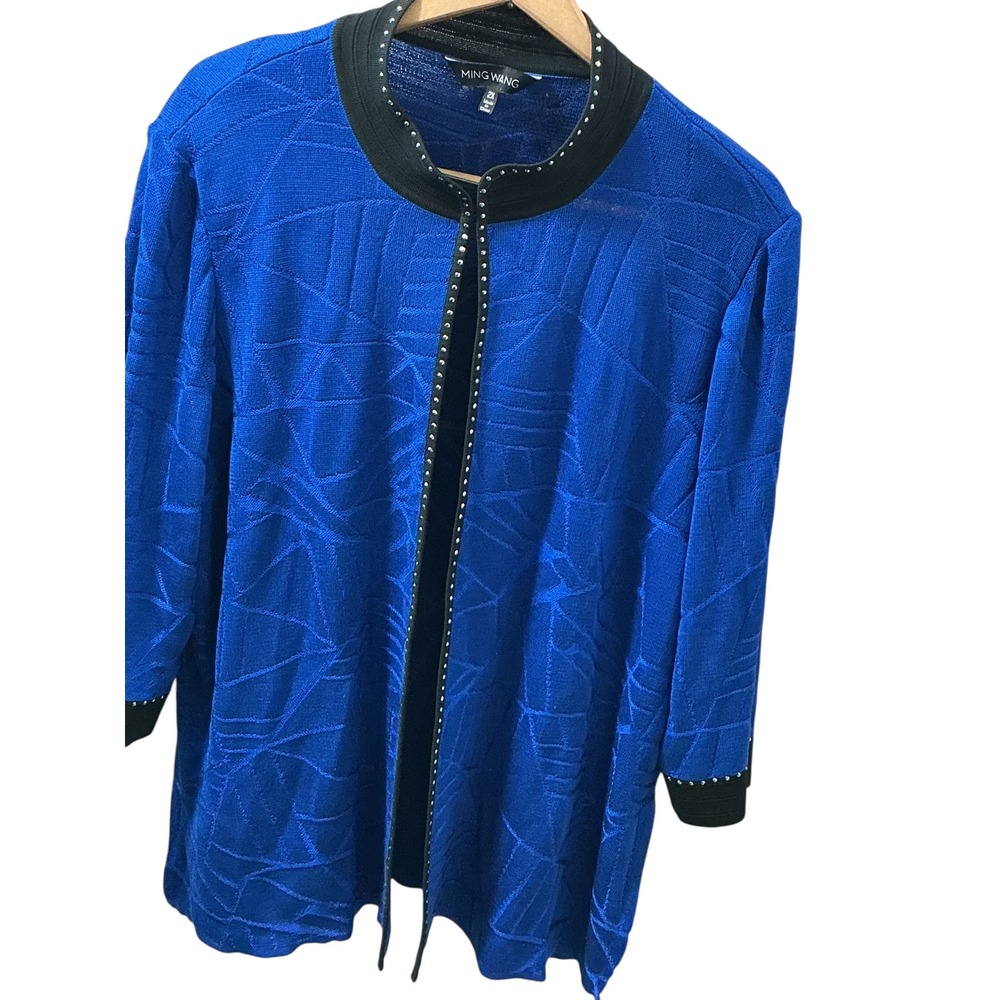 Ming Wang 2X Royal Blue Geometric Textured Studded Open Front Knit Cardigan - Picture 5 of 12